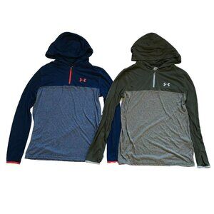 Lot of 2 Under Armour 1/4 Zip Pullover Boys YXL Blue Green Long Sleeve Hooded